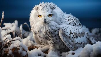 ai généré génial cornu hibou se percher sur neigeux bifurquer, regarder avec Jaune yeux généré par ai photo