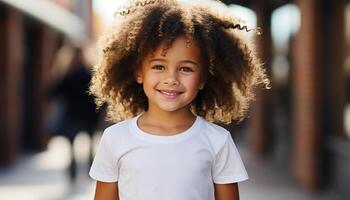 ai généré souriant enfant, bonheur, joyeux, enfance, mignon, un personne, à la recherche à caméra, africain ethnie, portrait, frisé cheveux généré par ai photo