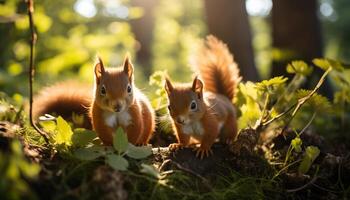 ai généré mignonne petit rongeur séance sur bifurquer, en mangeant herbe dans lumière du soleil généré par ai photo