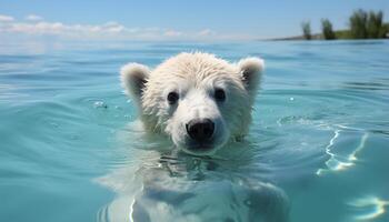 ai généré mignonne chiot nager dans bleu eau, à la recherche à caméra généré par ai photo