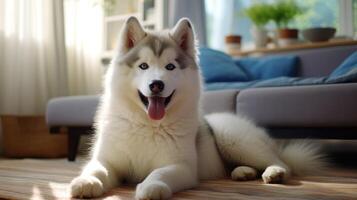 ai généré adorable alaskan malamute salons sur une blanc tapis dans le confortable vivant chambre, pur canin charme, ai généré. photo