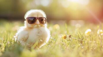 ai généré cool ambiance sur le ferme comme une bébé poussin exhibe des lunettes de soleil, ajouter une tiret de charme à ses Extérieur aventure, ai généré. photo