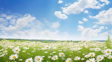 ai généré une magnifique champ de blanc marguerites fleurs sous le étendue de une brillant bleu ciel. ai généré. photo