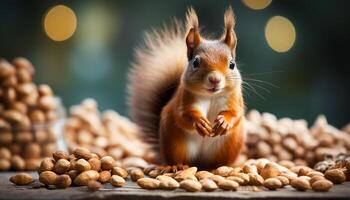 ai généré mignonne rongeur en mangeant Noisette, duveteux queue, curieuse animal dans la nature généré par ai photo