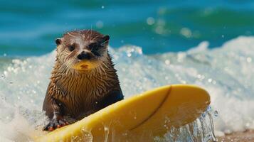 ai généré une mignonne loutre surfeur jouit une amusant été journée à le plage, équitation vagues avec enthousiasme, ai généré. photo