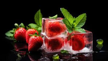 ai généré rouge des fraises et vert menthe feuilles congelé dans clair la glace cubes sur une foncé Contexte. ai généré photo