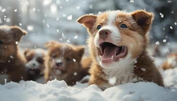 ai généré mignonne chiot en jouant dans le neige, de race chien hiver amusement généré par ai photo