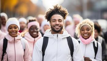 ai généré une groupe de souriant Jeune adultes profiter hiver en plein air généré par ai photo