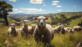 ai généré mignonne animaux pâturage sur vert Prairie en dessous de bleu ciel généré par ai photo