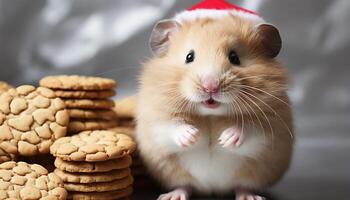 ai généré mignonne petit animaux domestiques à la recherche à caméra, en mangeant sucré duveteux biscuits généré par ai photo