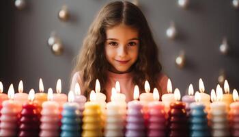 ai généré souriant enfant détient bougie, célébrer avec mignonne filles, joyeux et de bonne humeur généré par ai photo