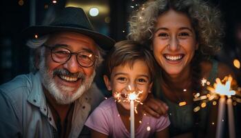 ai généré une content famille fête ensemble, souriant et à la recherche à caméra généré par ai photo