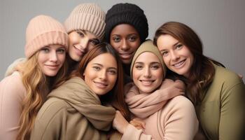 ai généré souriant femmes embrasser, rayonnant joie, dans chaud hiver Vêtements généré par ai photo