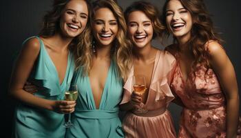 ai généré Jeune femmes profiter une de bonne humeur faire la fête, en buvant Champagne, et en riant généré par ai photo