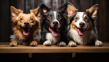 ai généré mignonne de race chiens séance ensemble, à la recherche à caméra, souriant généré par ai photo