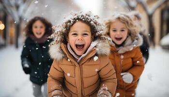 ai généré une de bonne humeur famille en jouant dans le neige, embrassement hiver joie généré par ai photo