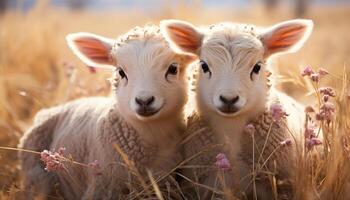 ai généré mignonne Jeune agneau pâturage dans vert Prairie à le coucher du soleil généré par ai photo