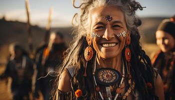 ai généré souriant femmes en plein air, bonheur dans indigène des cultures, de bonne humeur Jeune adultes généré par ai photo