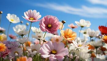 ai généré de bonne humeur Marguerite prairie, vibrant fleurs Floraison dans la nature beauté généré par ai photo