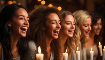 ai généré souriant femmes prendre plaisir vie nocturne, rire, et insouciant collage à l'intérieur généré par ai photo