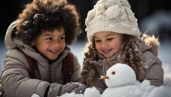 ai généré souriant les enfants en jouant dans le neige, de bonne humeur hiver amusement en plein air généré par ai photo