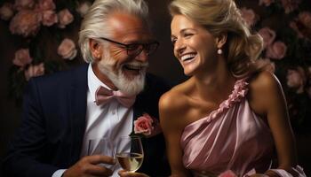 ai généré souriant marié couple fête aimer, unité, et bonheur avec Champagne généré par ai photo