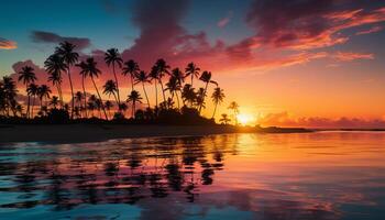 ai généré tropical coucher de soleil, paume arbre silhouette, tranquille l'eau réflexion, serein beauté généré par ai photo