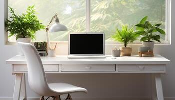 ai généré moderne Bureau avec ordinateur, bureau, chaise, et plante à l'intérieur généré par ai photo