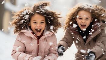 ai généré souriant enfant en jouant en plein air dans hiver, profiter neige et amusement généré par ai photo