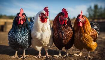 ai généré majestueux coq permanent dans une rural cultiver, entouré par poulets généré par ai photo