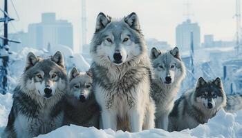 ai généré une mignonne Loup fonctionnement dans le neige, à la recherche à le forêt généré par ai photo