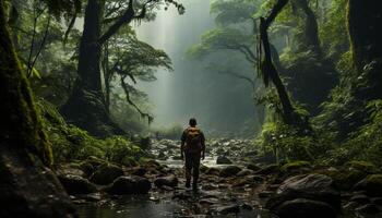 ai généré un la personne randonnée dans le forêt, explorant la nature beauté généré par ai photo