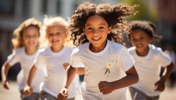 ai généré souriant les filles et garçons en cours d'exécution, jouant, collage dans de bonne humeur unité généré par ai photo