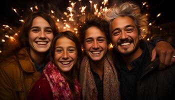 ai généré une groupe de Jeune adultes souriant, profiter une de bonne humeur fête généré par ai photo