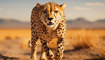 ai généré majestueux guépard en marchant dans le africain région sauvage, en train de regarder ses environnement généré par ai photo