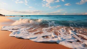 ai généré le coucher du soleil plus de le tranquille littoral, vagues reflétant le beauté de la nature généré par ai photo