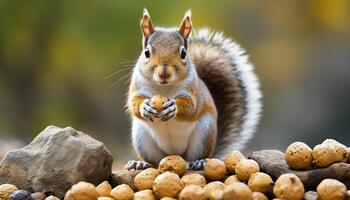 ai généré mignonne petit mammifère en mangeant nourriture en plein air, duveteux écureuil dans concentrer généré par ai photo