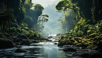 ai généré tranquille scène tropical forêt tropicale, écoulement eau, vert des arbres, rocheux falaise généré par ai photo