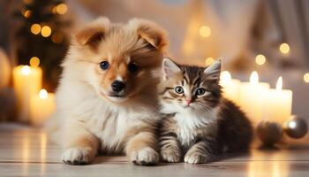 ai généré mignonne chiot et chaton séance ensemble, célébrer avec illuminé bougie généré par ai photo