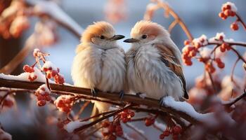 ai généré une mignonne petit oiseau se percher sur une branche dans le neige généré par ai photo