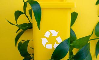 Jaune poubelle pouvez avec recyclable symbole photo