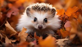 ai généré mignonne petit hérisson à la recherche à Jaune feuille dans l'automne forêt généré par ai photo