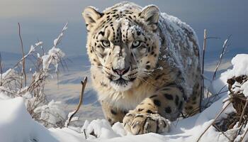 ai généré majestueux tigre en regardant, beauté dans nature, tranquille neige couvert région sauvage généré par ai photo