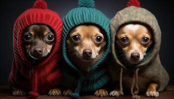 ai généré mignonne chiot portant une Jaune casquette dans le hiver généré par ai photo