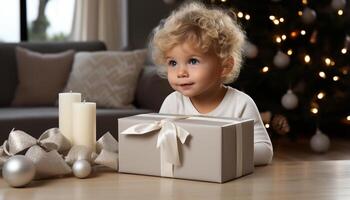 ai généré mignonne enfant souriant, en portant cadeau, célébrer Noël avec famille généré par ai photo