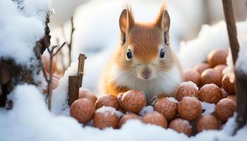 ai généré mignonne petit mammifère séance sur bifurquer, en mangeant duveteux neige généré par ai photo