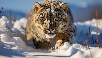 ai généré majestueux tigre en marchant dans neige couvert forêt, à la recherche à caméra généré par ai photo