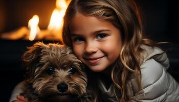 ai généré souriant enfant embrasse mignonne chiot, pur joie dans hiver Accueil généré par ai photo