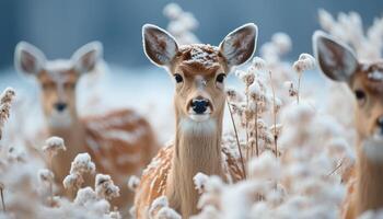 ai généré mignonne cerf dans hiver forêt, à la recherche à caméra, pâturage pacifiquement généré par ai photo