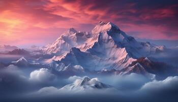 ai généré Montagne culminer, majestueux paysage, ciel, coucher de soleil, neige, la glace généré par ai photo